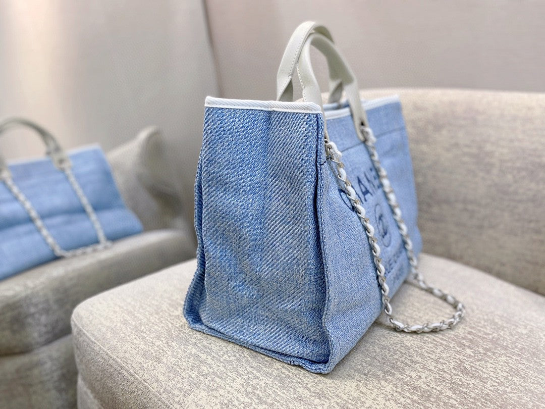 Chanel Deauville Tote 38cm Tweed Canvas Bag Fall/Winter Collection, Light Blue/White